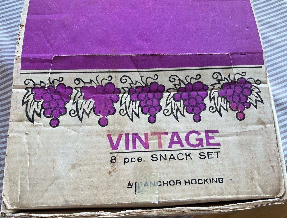 Vintage 1960s era 8 piece glass snack set by Anchor-Hocking, grape pattern party